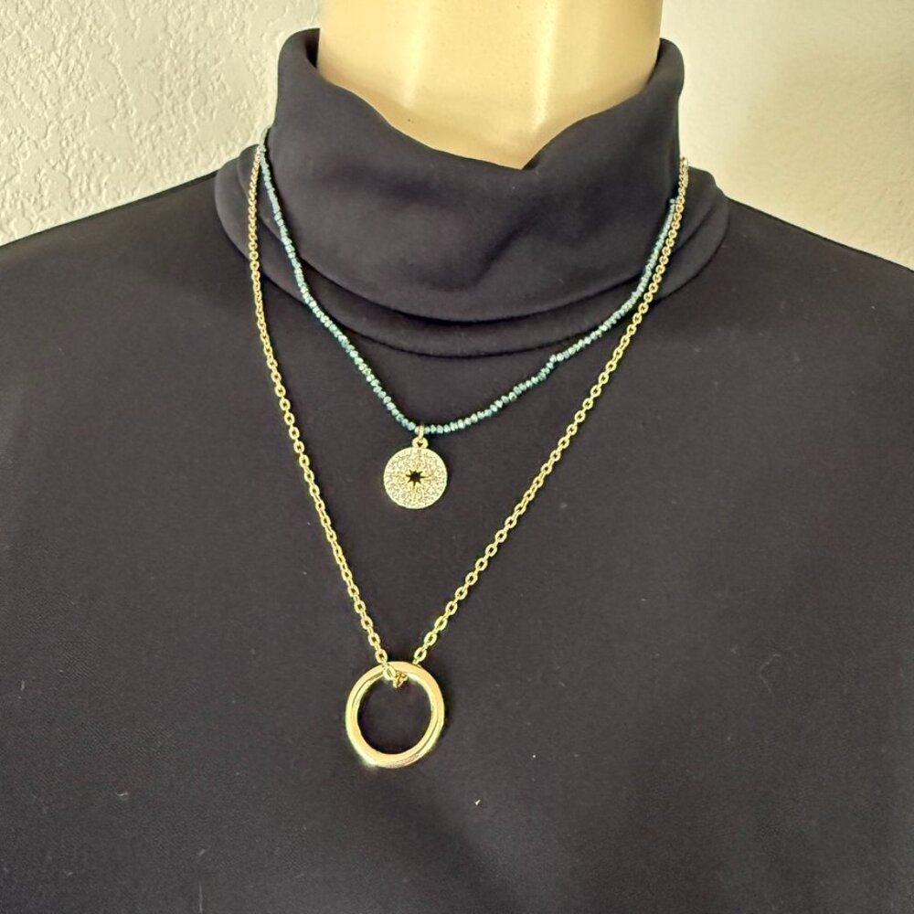 #13 garden party costume jewelry / gold metal&blue glass double chain necklace